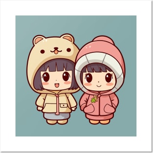 Kawaii girls with cute winter coats Posters and Art